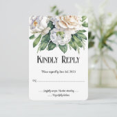 Elegante witte rozen en pioenen bruiloft RSVP Kaartje (Staand voorkant)