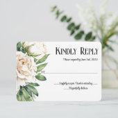 Elegante witte rozen en pioenen bruiloft RSVP kaartje (Staand voorkant)