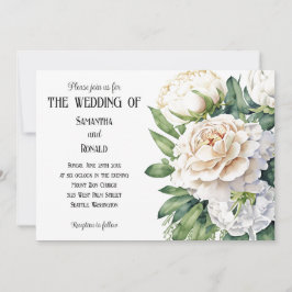 Elegante witte rozen en pioenen bruiloft uitnodigi kaart