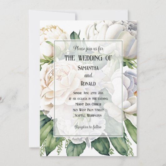 Elegante witte rozen en pioenen bruiloft uitnodigi kaart (Voorkant)