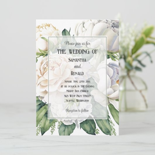 Elegante witte rozen en pioenen bruiloft uitnodigi kaart (Staand voorkant)