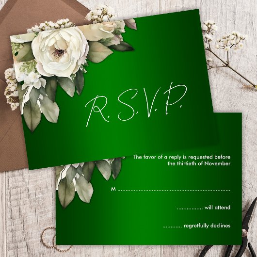 Elegante witte rozen en smaragdgroene RSVP