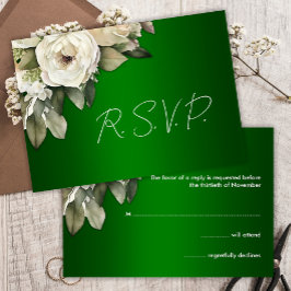 Elegante witte rozen en smaragdgroene RSVP Kaartje