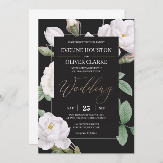 Elegante witte rozen en zwarte bloemachtergrond kaart (Voorkant / Achterkant)