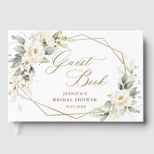 Elegante Witte Rozen Eucalyptus Bruidsdouche Gastenboek (Voorkant)