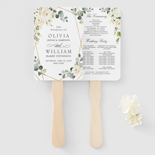 Elegante witte rozen Eucalyptus bruiloft programma Handwaaier (Voorkant en achterkant)