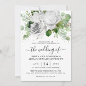 Elegante witte rozen & Eucalyptus groen bruiloft Kaart (Voorkant)