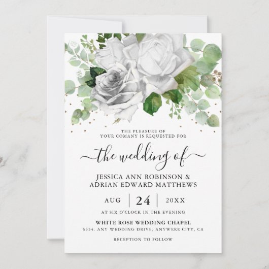 Elegante witte rozen & Eucalyptus groen bruiloft Kaart (Voorkant)
