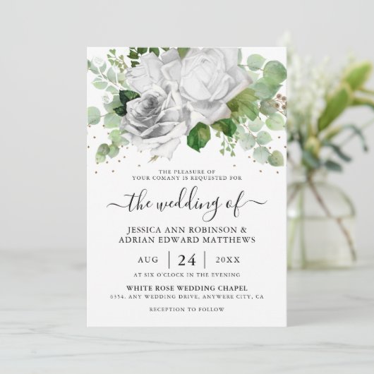 Elegante witte rozen & Eucalyptus groen bruiloft Kaart (Staand voorkant)