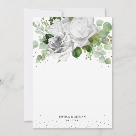 Elegante witte rozen & Eucalyptus groen bruiloft Kaart (Achterkant)