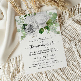 Elegante witte rozen & Eucalyptus groen Huwelijk Kaart