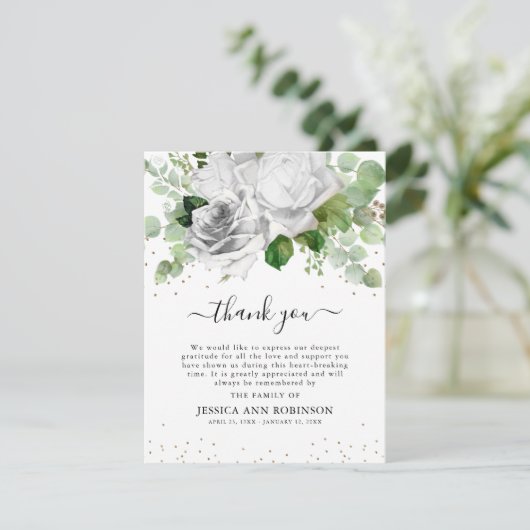 Elegante witte rozen & Eucalyptus groen sympathie Bedankkaart (Staand voorkant)