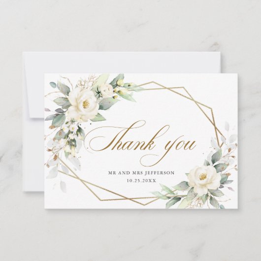Elegante witte rozen Eucalyptus trouw bedankje Bedankkaart (Voorkant)