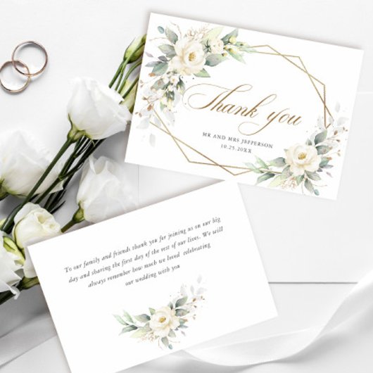 Elegante witte rozen Eucalyptus trouw bedankje Bedankkaart