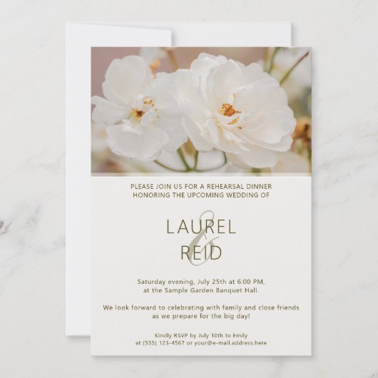 Elegante witte rozen foto bruiloft repetitie diner kaart (Voorkant)