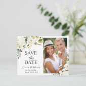 Elegante Witte Rozen FOTO Bruiloft Save the Date Briefkaart (Staand voorkant)