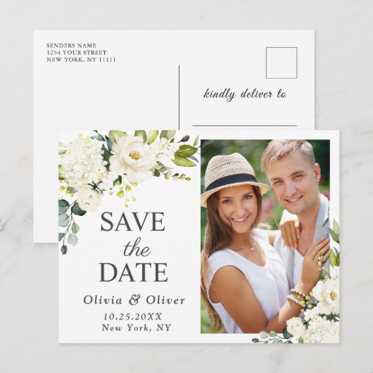 Elegante Witte Rozen FOTO Bruiloft Save the Date Briefkaart (Voorkant / Achterkant)