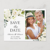 Elegante Witte Rozen FOTO Bruiloft Save the Date Briefkaart (Voorkant)