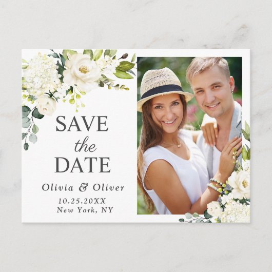 Elegante Witte Rozen FOTO Bruiloft Save the Date Briefkaart (Voorkant)