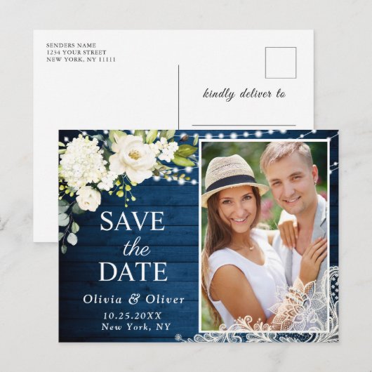 Elegante Witte Rozen FOTO Bruiloft Save the Date Briefkaart (Voorkant / Achterkant)