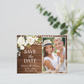 Elegante Witte Rozen FOTO Bruiloft Save the Date Briefkaart (Staand voorkant)