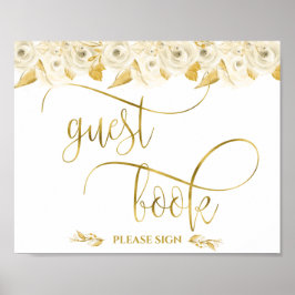 Elegante witte rozen gouden kalligrafie gast boek poster