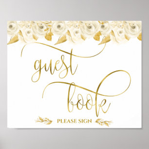 Elegante witte rozen gouden kalligrafie gast boek poster