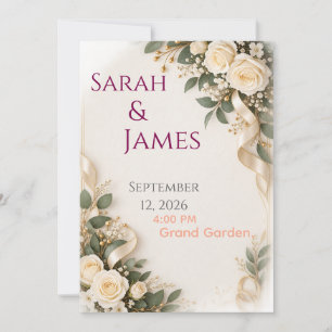 Elegante witte rozen gouden lint trouw kaart