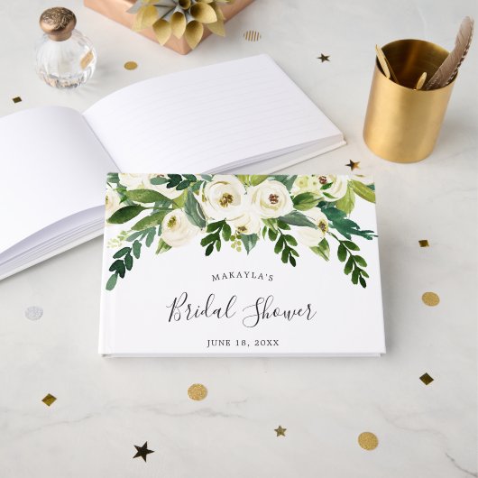 Elegante witte rozen groen bloemengebinde bruidsdo gastenboek (Voorkant open)