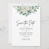 Elegante witte rozen groen bloemstuk foto bruiloft save the date (Voorkant)
