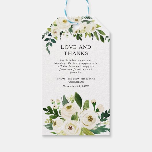 Elegante witte rozen groen bruiloft dank u cadeaulabel (Voorkant)