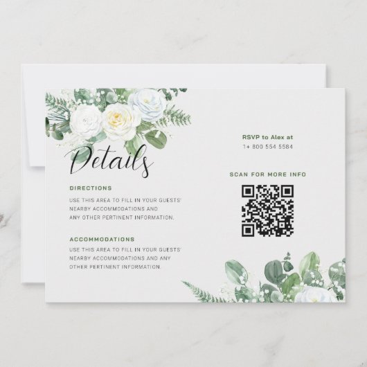Elegante witte rozen & groen bruiloft details kaart (Voorkant)