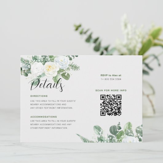 Elegante witte rozen & groen bruiloft details kaart (Staand voorkant)