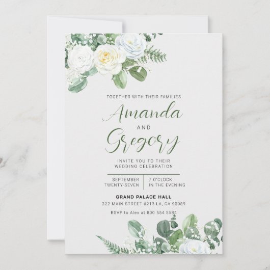 Elegante witte rozen & groen bruiloft kaart (Voorkant)
