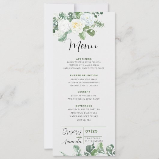 Elegante witte rozen & groen bruiloft Menu Kaart (Voorkant)