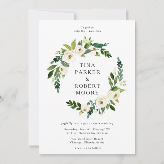 Elegante witte rozen groen bruiloft monogram kaart (Voorkant)