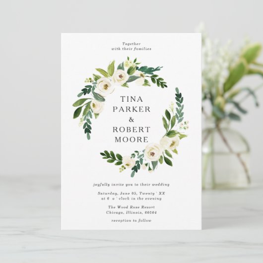 Elegante witte rozen groen bruiloft monogram kaart (Staand voorkant)