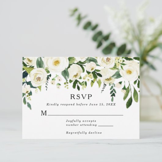 Elegante witte rozen groen bruiloft reactie Kaart (Staand voorkant)