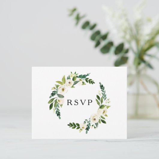 Elegante witte rozen groen bruiloft RSVP Briefkaar Briefkaart (Staand voorkant)