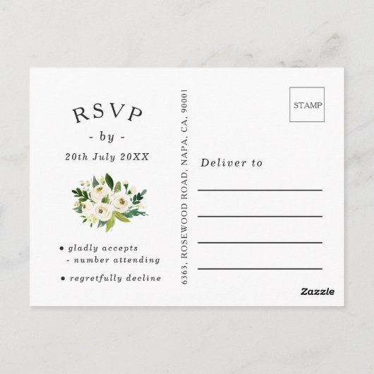 Elegante witte rozen groen bruiloft RSVP Briefkaar Briefkaart (Achterkant)