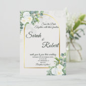 Elegante witte rozen groen bruiloft uitnodiging (Staand voorkant)
