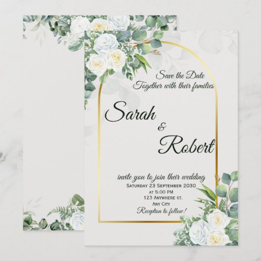 Elegante witte rozen groen bruiloft uitnodiging (Voorkant / Achterkant)