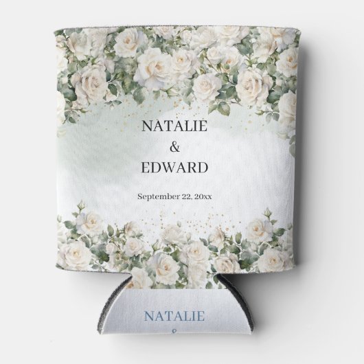 Elegante witte rozen groen en gouden bruiloft blikjeskoeler (Voorkant)