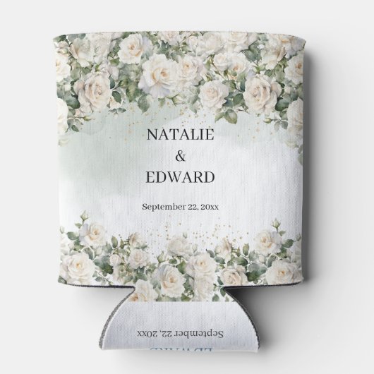 Elegante witte rozen groen en gouden bruiloft blikjeskoeler (Achterkant)