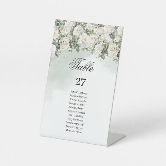 Elegante witte rozen groen en gouden bruiloft reclamebord met voetstuk (Voorkant)