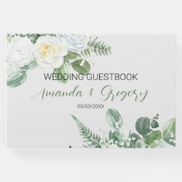 Elegante witte rozen & groen gastenboek