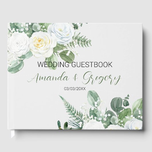 Elegante witte rozen & groen gastenboek (Voorkant)