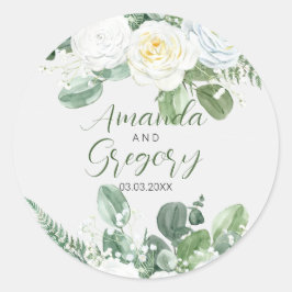 Elegante witte rozen & groen ronde sticker