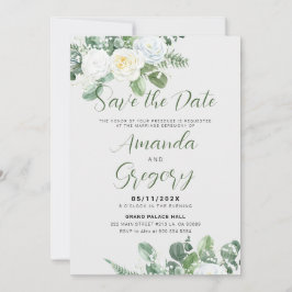 Elegante witte rozen & groen Save-the-date Kaart