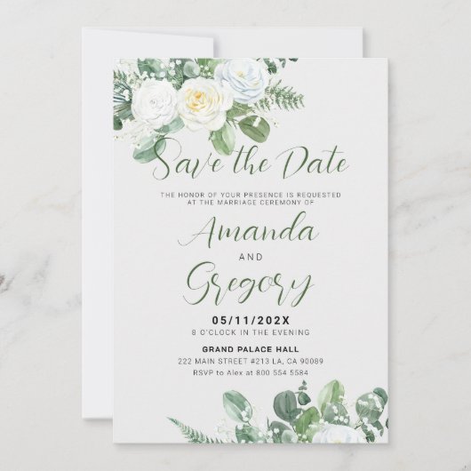 Elegante witte rozen & groen Save-the-date Kaart (Voorkant)